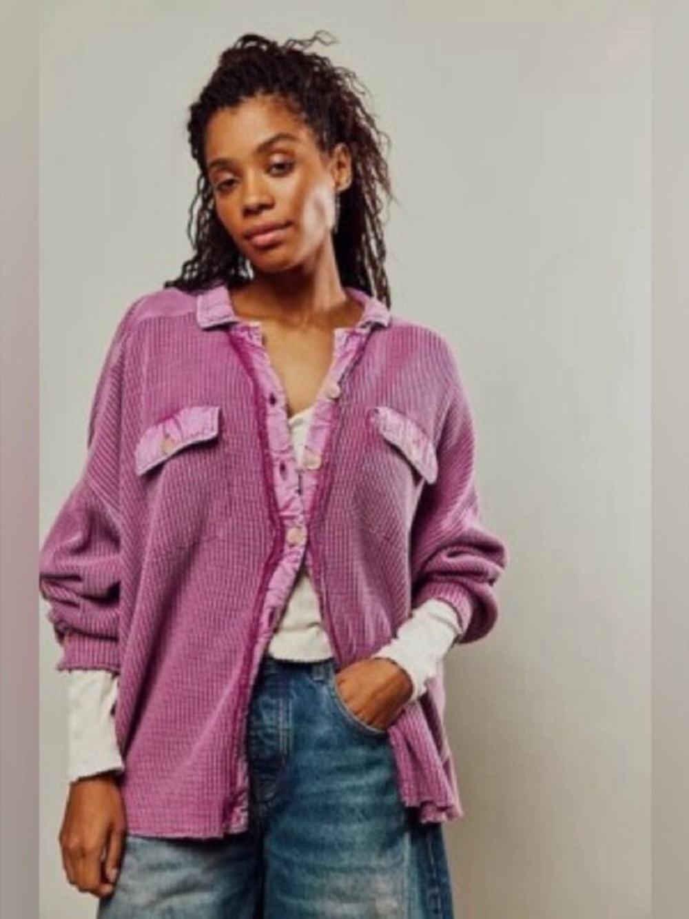 Briggs Waffle Knit Shacket Button Down Shirt Pink Small Oversized